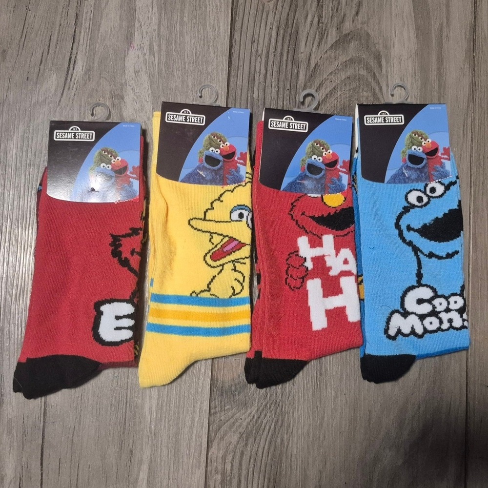 Sesame Street Crew Socks 4 Pair Bundle Elmo Cookie Monster Big Bird Bioworld NEW